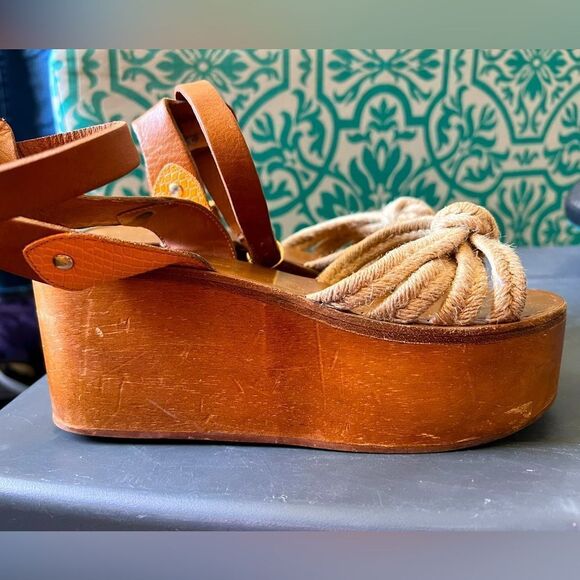 Isabel Marant Tan Jute & Leather Knotted Wooden Wedge Platform Clog Size 36 - Picture 1 of 12